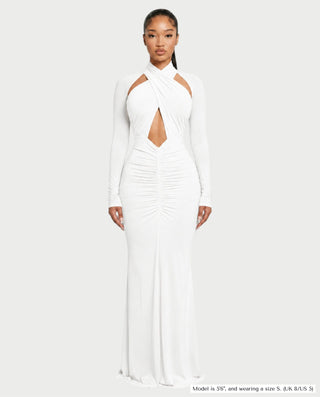 AVILINA Cross-Halter Ruched Bodycon Maxi Dress