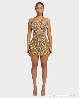 Vestido mini de malla con aberturas y detalle de cadena de JUVIA