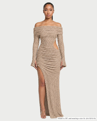ADARNA Off-Shoulder Long Sleeve Cutout Textured Bodycon Maxi Dress