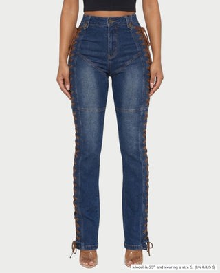 MAEVA Lace-Up Side Detail High-Waist Straight-Leg Pants