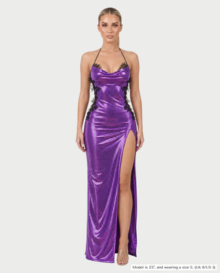 ESPERANZA Cowl Neck Sequin Lace Side Panel Bodycon Maxi Dress