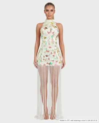 EZALYN Paillette Halter Long-Fringe Maxi Dress