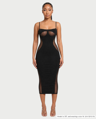 SAM Sheer Panel Bustier Bodycon Midi Dress