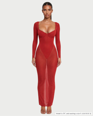 AZIE Sweetheart Bustier Sheer Long-Sleeve Bodycon Maxi Dress