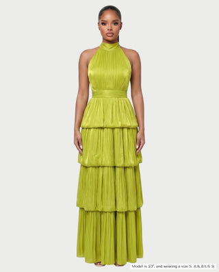 JOSSINA Pleated Halter Tiered Bubble Maxi Dress