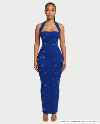SHIVINA Beaded Halter Open-Back Bodycon Maxi Dress