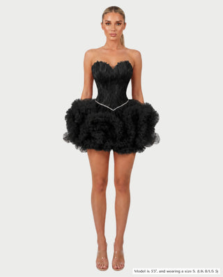 KLARINA Feather Corset Ruffle Tulle Mini Dress