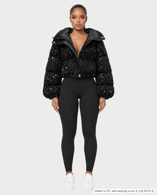 RENYA Sequin Hooded Cropped Zip-Up Puffer Jacket