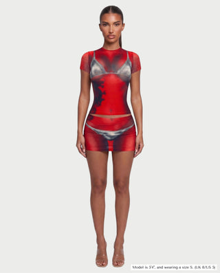 CHARLIZE Illusion Fitted Short Sleeve Top & Mini Skirt Set
