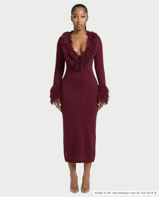 LIRRA Deep-Plunge Fringe Trim Midi Dress