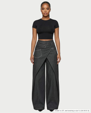 ZAREL Wrap-Waist Layered Wide-Leg Pants
