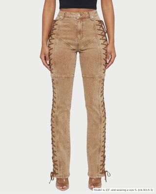 MAEVA Lace-Up Side Detail High-Waist Straight-Leg Pants