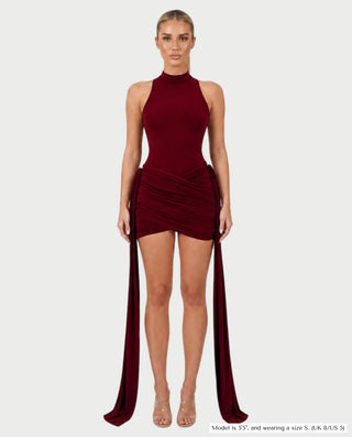 SALMA Mock Neck Draped Side-Tie Bodycon Mini Dress