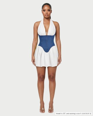 BEA Denim Corset Halter Flare Mini Dress