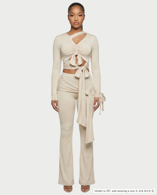 XYLA Ruched Tie-Front Top & Flare Pants Set