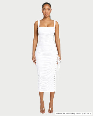 ARMALIA Ruched Lace-Up Side Bodycon Midi Dress