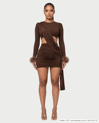 AITANA Long Sleeve Faux Fur Trim Waist Cutout Mini Dress
