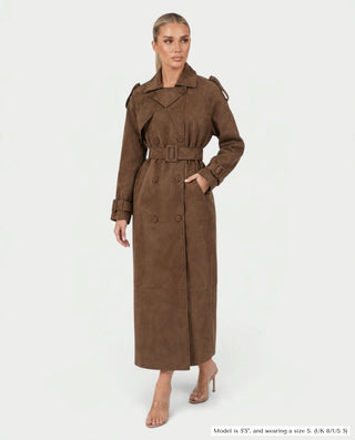 WINONA Suede-Look Long Sleeve Belted Trench Coat
