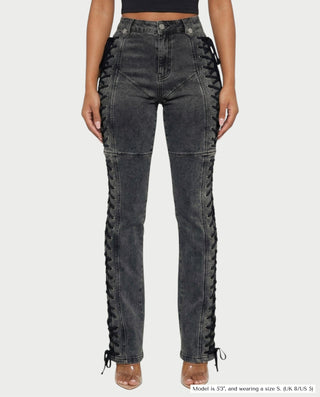 MAEVA Lace-Up Side Detail High-Waist Straight-Leg Pants