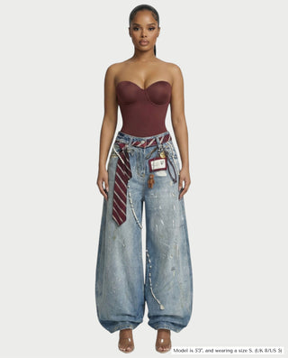 LORETA Graphic Tie Oversized Denim Pants