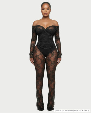 RAMILA Off-Shoulder Sheer Lace Top & Flared Pants Set