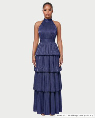 JOSSINA Pleated Halter Tiered Bubble Maxi Dress