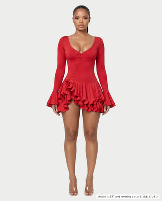 NADIA V-Neck Asymmetric Long Sleeve Ruffle Mini Dress