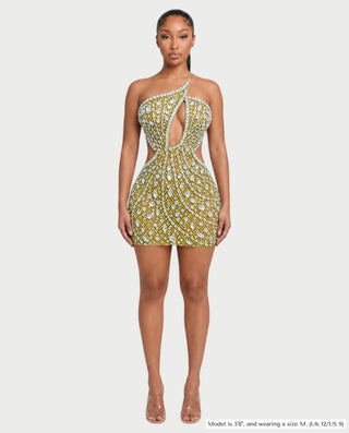 Vestido mini de malla con aberturas y detalle de cadena de JUVIA