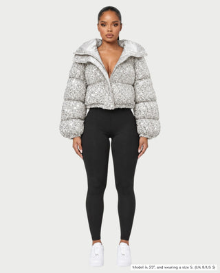 RENYA Sequin Hooded Cropped Zip-Up Puffer Jacket