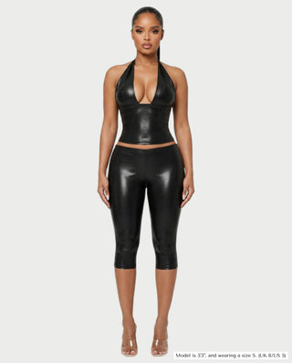 ALVIDA Faux Leather Plunge Halter Top & Capri Pants Set
