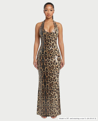 TAYARA Leopard Sequin Plunge Neck Backless Maxi Dress