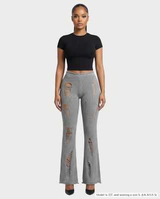 ALOMA Ripped Ribbed Knit Flared Pants