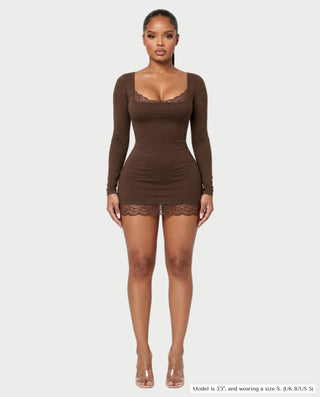 LOREI Lace Trim Square Neck Long Sleeve Mini Dress