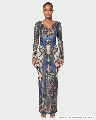 SANDARA Butterfly Print Ring-Detail Bodycon Maxi Dress