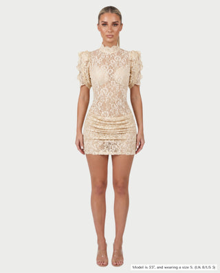 ODETTE Mock Neck Sheer Lace Bodycon Mini Dress