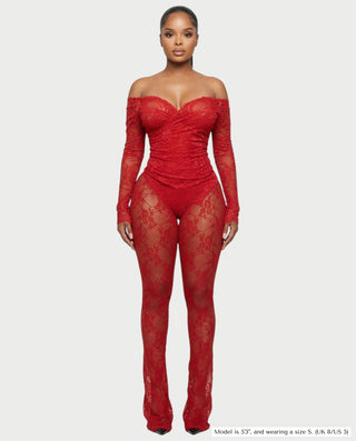RAMILA Off-Shoulder Sheer Lace Top & Flared Pants Set