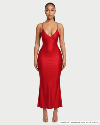 NOVARIA Spaghetti Strap Low-Back Ruched Fishtail Maxi Dress