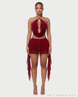 MARVILA Halter Drape Top & Sheer Ruffle Mini Skirt Set