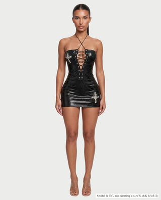 AIMARA Crocodile Texture Lace-Up Front Mini Dress
