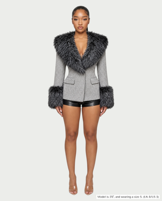 CELINA Faux Fur Trim Herringbone Blazer