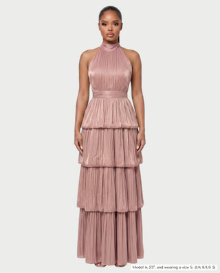 JOSSINA Pleated Halter Tiered Bubble Maxi Dress
