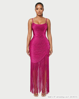 HARMINA Spaghetti Strap Fringe Tassel Bodycon Maxi Dress