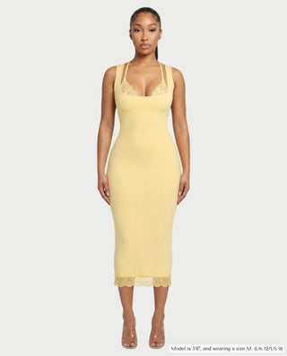 MANON Lace-Trim Scoop Neck Bodycon Midi Dress