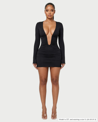 ADAYA Plunge Long Sleeve Bodycon Mini Dress