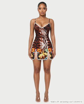 WIZ Animal Floral Print Lace-Trim Bodycon Mini Dress