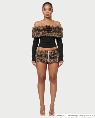 VIVIEN Leopard Off-Shoulder Faux Fur Trim Mini Skirt Set