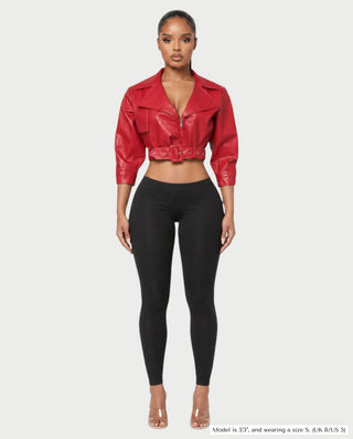 ARDEN Cropped Faux Leather Moto Jacket with Belted Waist