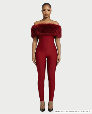 TRINA Off-Shoulder Faux Fur Trim Jumpsuit