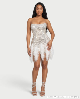 AILANY Strapless Sequin Feather Trim Bodycon Mini Dress