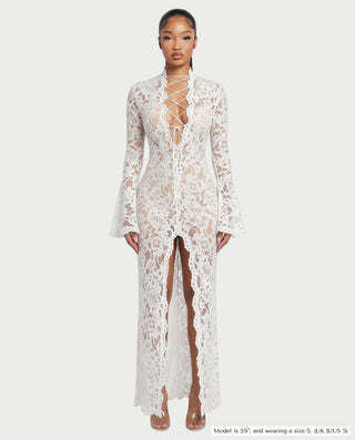 MAZE Floral Lace Crisscross Long-Sleeve High-Slit Maxi Dress